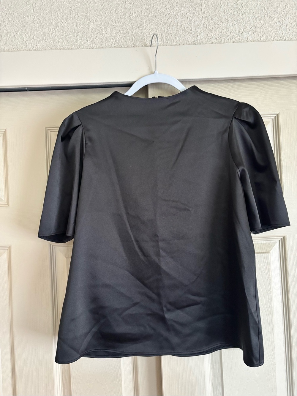 Black Satin Short Sleeve Blouse by Calvin Klein in L